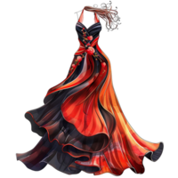 Elegant Red and Black Halter Neck Gown Fashion Illustration with Flowing Fabric and Floral Embellishments png