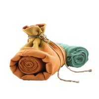 Rolled towels in a fabric bag tied with a jute string, a cozy and travelready set png