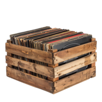 A Rustic Wooden Crate Overflowing with a Collection of Vintage Vinyl Records png