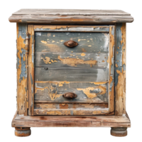 Rustic Distressed Wooden Nightstand with Two Drawers and Peeling Paint png