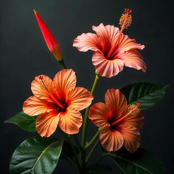Three orange hibiscus on a dark background photo