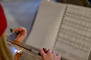 Violinist Playing While Reading Sheet Music photo