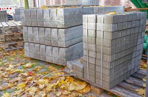 Stacks of Concrete Blocks Surrounded by Autumn Leaves photo
