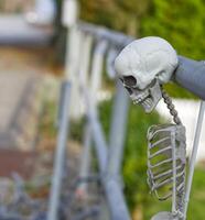 Whimsical Skeleton Hanging on Railing photo