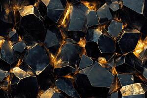Seamless Gold Obsidian textured surface made of dark, glossy stones with golden highlights. The stones are irregularly shaped, creating a striking contrast between the dark and light areas. photo