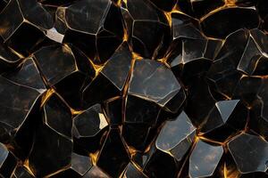 Seamless Gold Obsidian shiny black rocks with golden veins, creating a textured and abstract pattern. The rocks are irregularly shaped, reflecting light and showcasing a glossy surface. photo