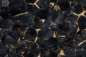 Seamless Gold Obsidian textured surface made of irregular black stones with golden veins. The stones are arranged in a mosaic pattern, showcasing a mix of dark hues and shimmering gold accents. photo