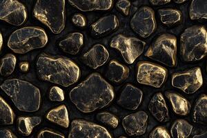 Seamless Gold Obsidian textured black stones with golden veins, arranged closely together, creating a visually striking pattern. photo