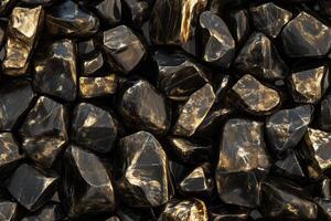 Seamless Gold Obsidian shiny black and gold stones, showcasing their smooth surfaces and intricate patterns. The stones are irregularly shaped and densely packed together. photo