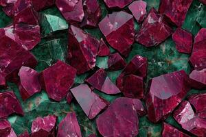 A bunch of red and green stones on a green background photo