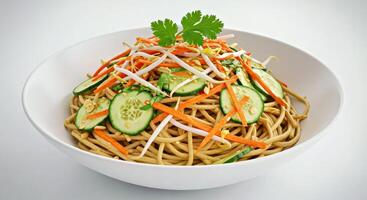 A bowl of noodles with cucumbers and carrots photo