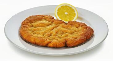 A plate with a fried chicken and a lemon photo