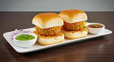 Two buns with meat and sauce on them photo
