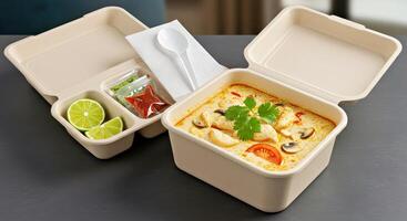 A container with food and utensils in it photo