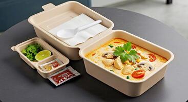 A container with food and a spoon on a table photo