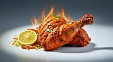A chicken is on fire with a lemon wedge photo