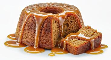 Sticky toffee pudding presented to emphasize its incredibly moist and slightly photo