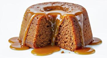 Toffee pudding presented to emphasize its incredibly moist and slightly photo