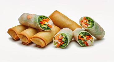 A group of spring rolls with vegetables and meat photo