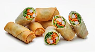 A pile of spring rolls with vegetables on a white background photo