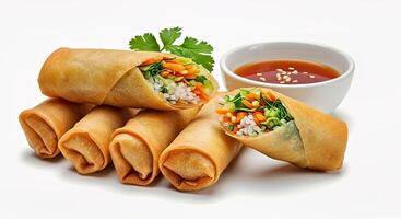 A white background with a bowl of sauce and some spring rolls photo