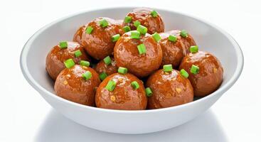 A bowl of meatballs with green onions in it photo