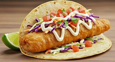 Fish taco with a lime wedge on top photo