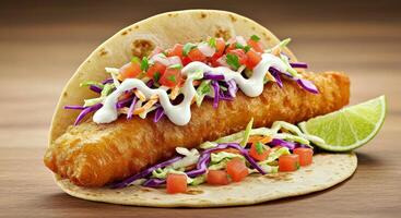 A fish taco with a lime wedge on top photo