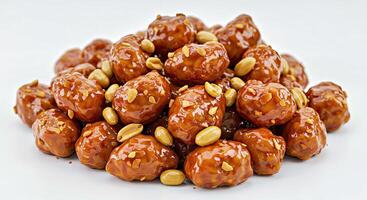 A pile of nuts and peanuts on a white surface photo