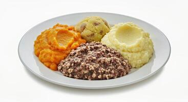 A plate with mashed potatoes, mashed potatoes, and mashed potatoes photo