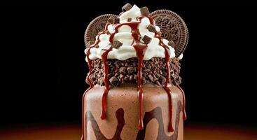 An oreo milkshake with chocolate drizzle and whipped cream photo