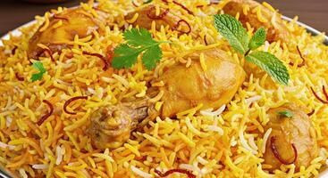 A plate of yellow rice with chicken and herbs photo