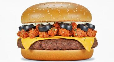 A large hamburger with cheese and black olives photo
