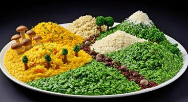A plate of rice with different types of food photo