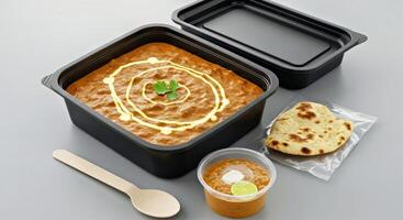 A container of curry and a spoon next to it photo
