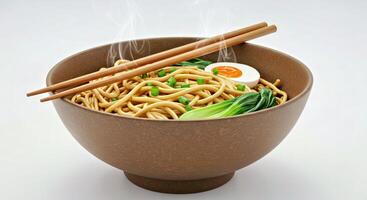 A bowl of noodles with chopsticks and an egg photo