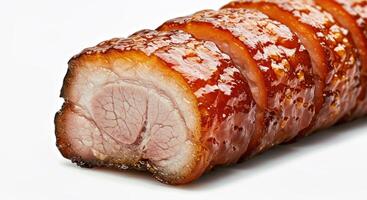 A sliced pork roll on a white background photo