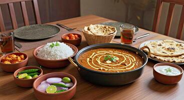 A table with bowls of food and plates of food photo