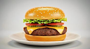 A hamburger is sitting on a plate with lettuce and tomato photo