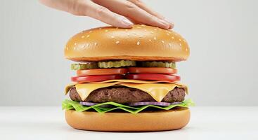 A hand reaching for a hamburger photo
