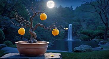 A potted tree with oranges on it in front of a waterfall photo
