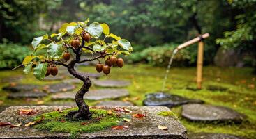 A bonsai tree in a garden with a fountain photo