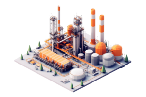 Isometric View of a Modern Petroleum Refinery Complex with Industrial Structures and Pipelines png