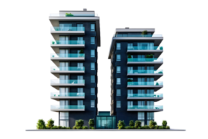 Modern Luxury Apartment Buildings with Glass Balconies and Lush Greenery png