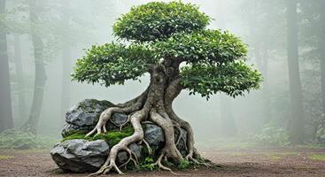 Bonsai tree on rock in the misty forest photo