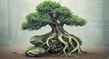 A bonsai tree with roots growing on top of a rock photo