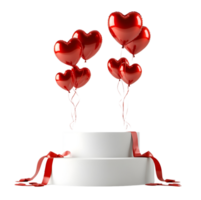 Lovely Red Heart Balloons Floating Above a Two Tiered White Cake Stand with Red Ribbon png