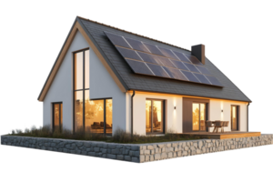 Modern Sustainable House Design with Solar Panels and Stone Wall png
