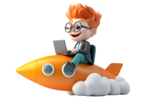 Happy Cartoon Boy on Rocket Ship with Laptop Computer Flying Through Clouds png