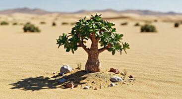 A small tree in the desert with rocks and sand photo